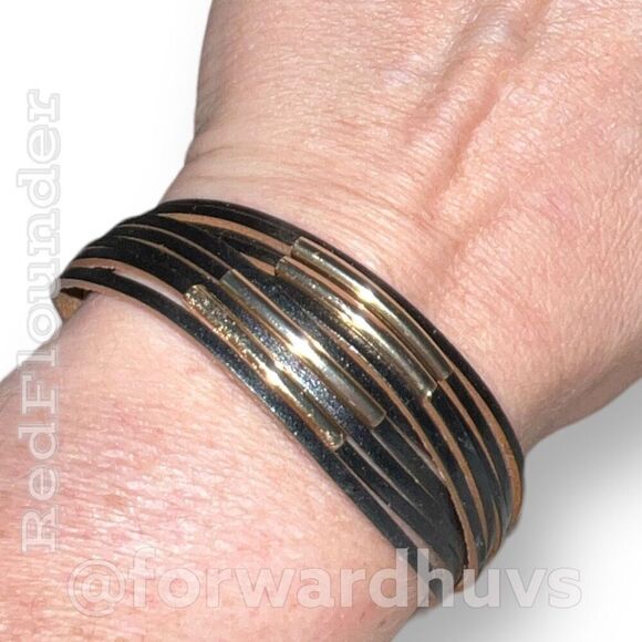 Multi-Stand Leather Bracelet with Metal Sheath Beads - Picture 3 of 8